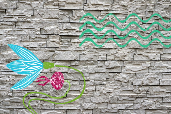 Decorative image of a wall with illustrations of a flower and waves.