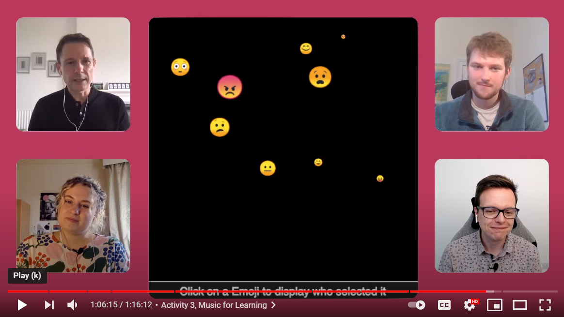 Image of live stream with presenters and an emoji based visual of the final event activity. 