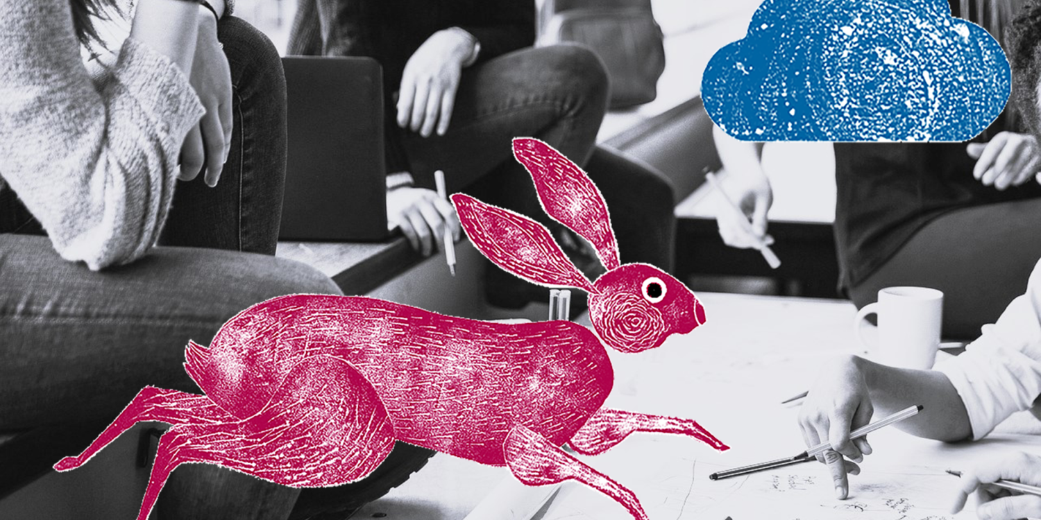 hare and cloud on black and white background of students discussing around a table