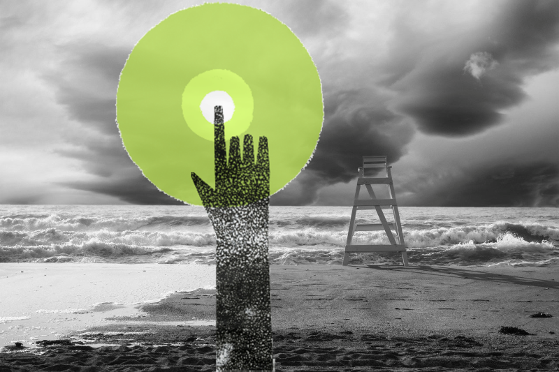 black and white beach, and finger pointing at the sky