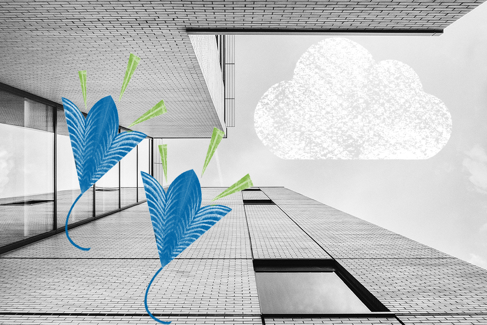 Decorative image of building with illustrative cloud and flowers