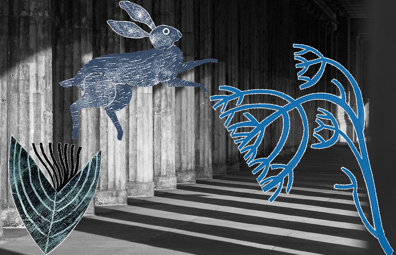decorative image of a black and white colonnade, with black thistle, blue hare and blue weed.