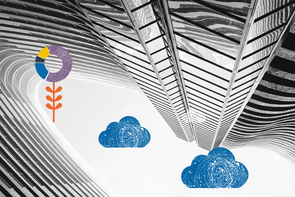 black and white background image of buildings, with clouds and flower with data-themed decorative elements.