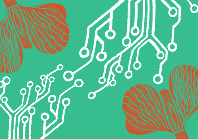 Decorative illustration of circuit board with flowers