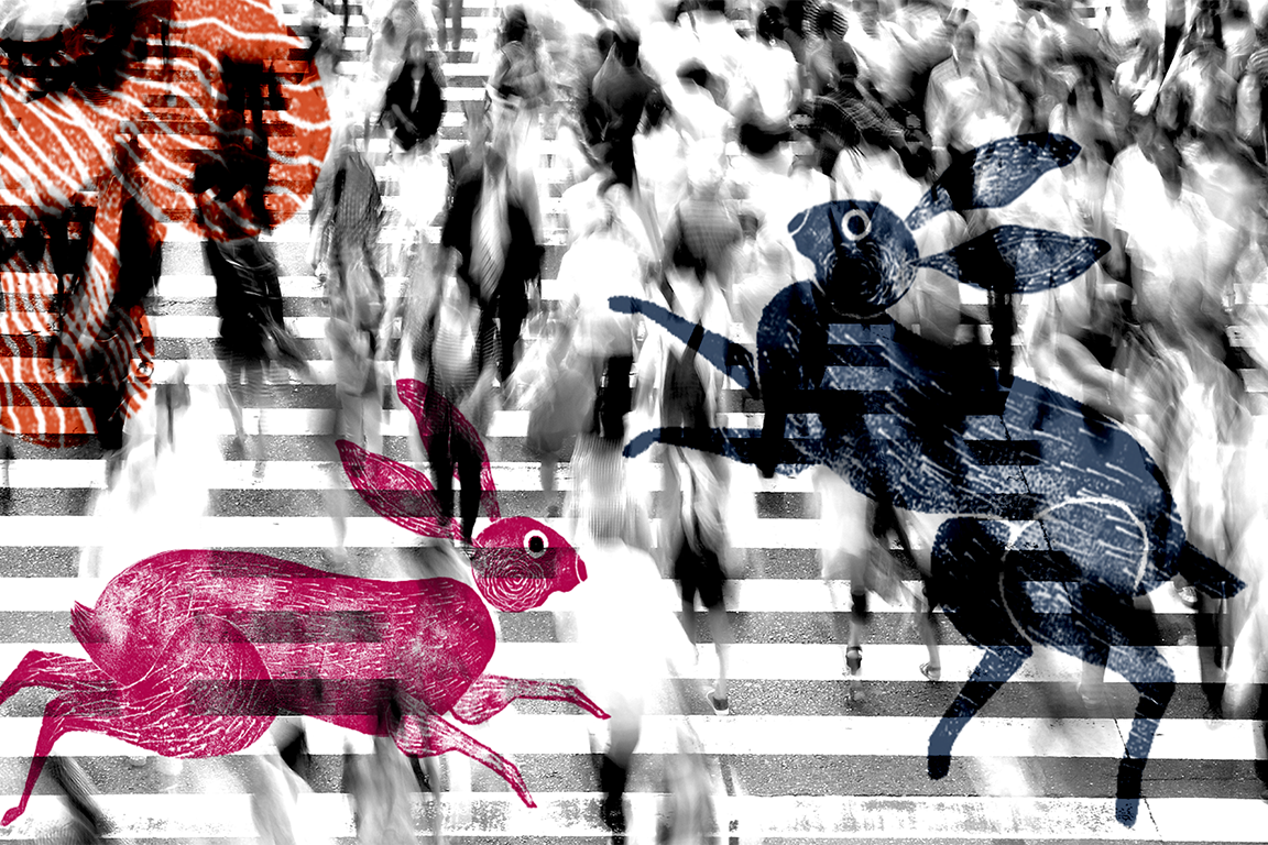 Decorative image of people walking with nature illustrations overlaid