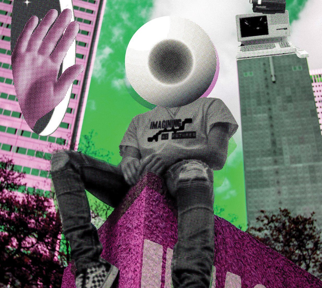 Young person sitting on a rooftop, their head is a camera