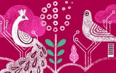 birds and flower on pink background