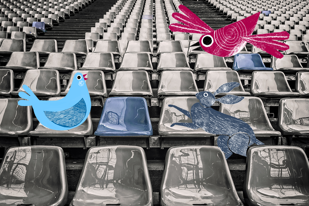 stadium, with animals seating in the rows