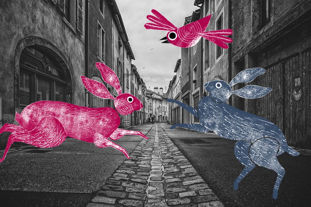 cobblestone street on the background, hares and bird on the foreground