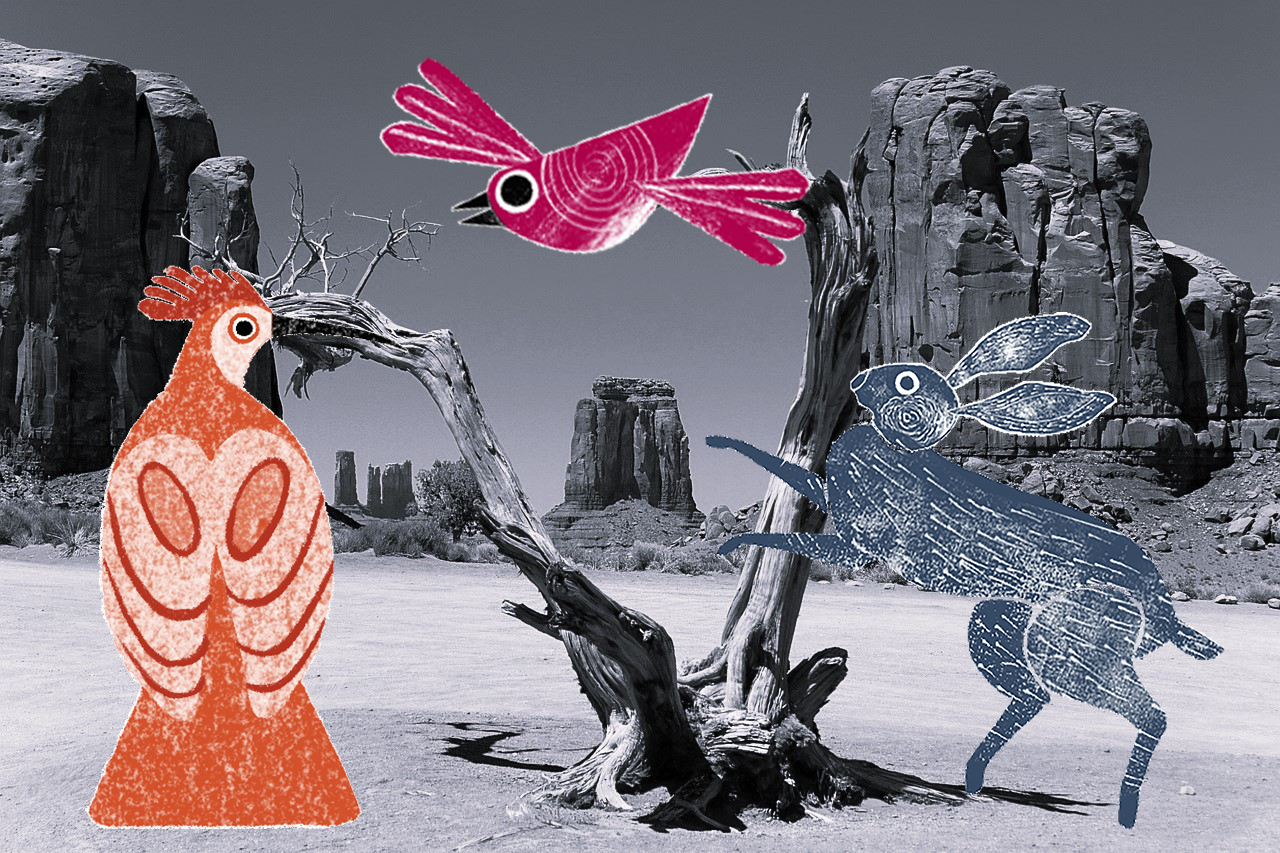 birds and hare on desert background