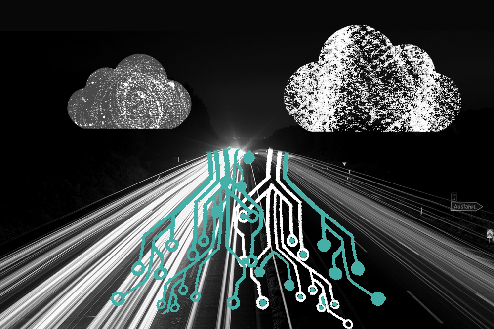 light trail with clouds and circuits