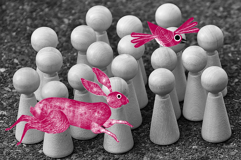 a hare and a bird walking through pawns