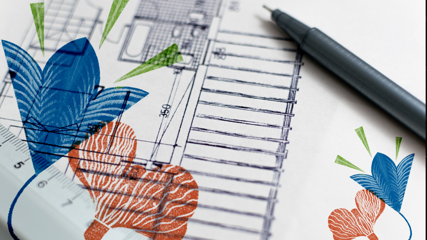 decorative image of a paper plan, with flowers