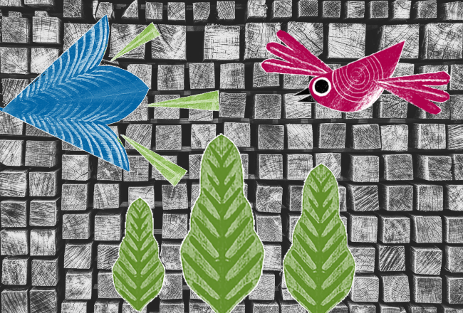 decorative image of stack wood with trees, a flower, and a bird