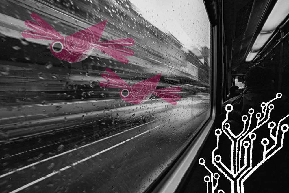 Decorative image of a train with bird and circuit illustrations overlaid