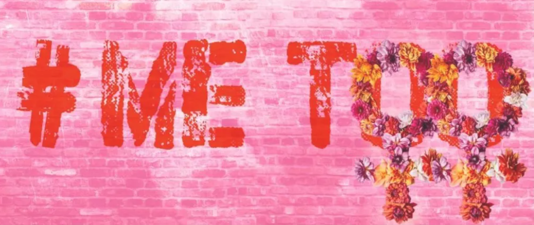 me too hashtag decorated with flowers, on pink background