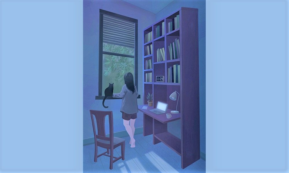 Decorative image of learner in home environment (illustration by Shihui Shen, Edinburgh College of Art student)