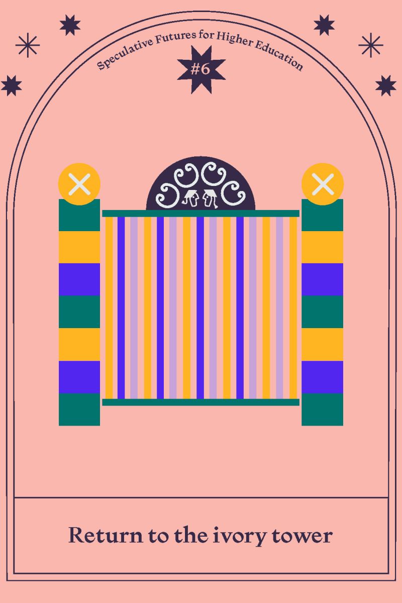 Decorative illustration of a gate with the text 'Return to the ivory tower'