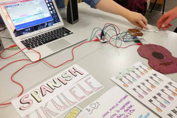 Laptop connected to representation of a ukelele