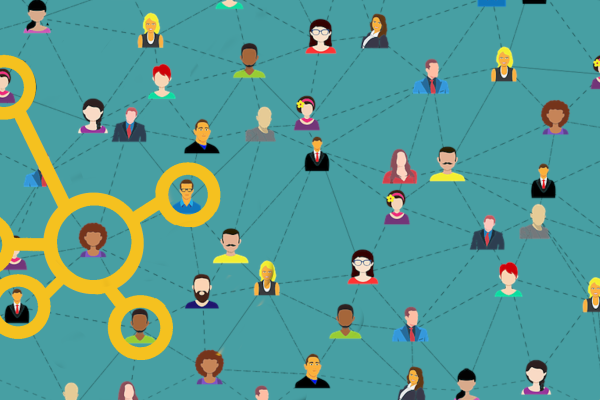Decorative image of people network with data symbol connecting certain individuals
