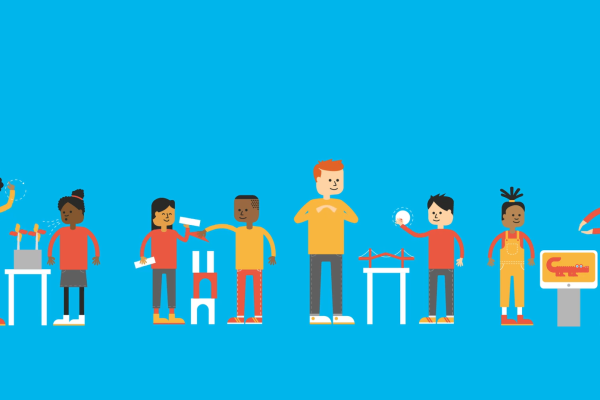 Decorative image for animation showing young people and adults in an informal science environment