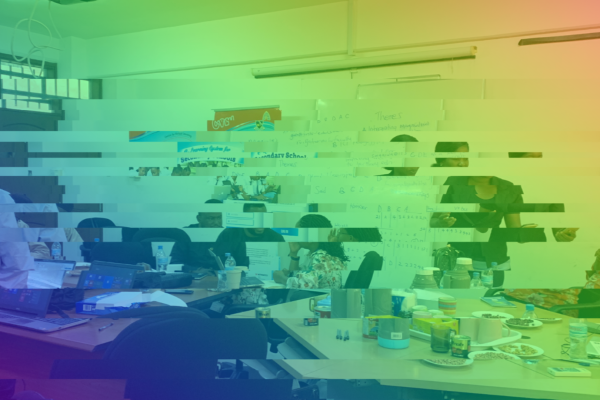 Decorative image of a classroom with shifting pixels