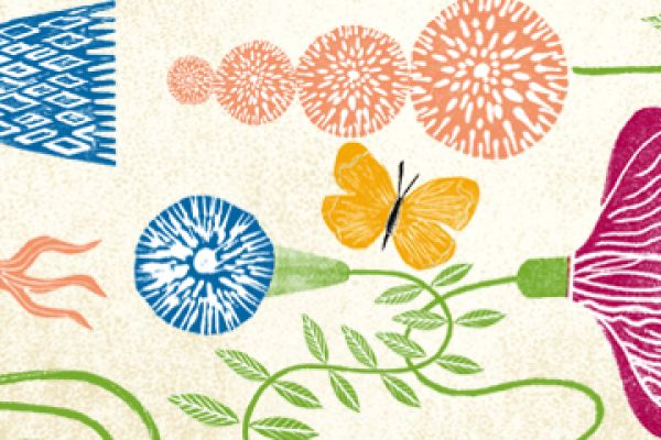 Decorative image of flowers and animals moving in different directions