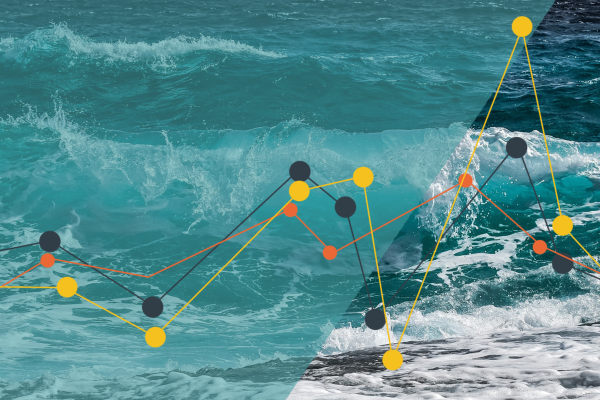 Decorative image of wave overlaid with connected data points