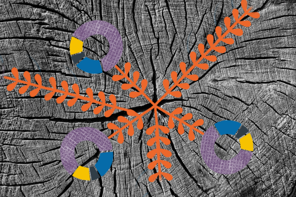 Decorative image of tree trunk with flower motif connections