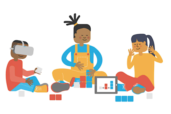 Decorative illustration of children playing with technology