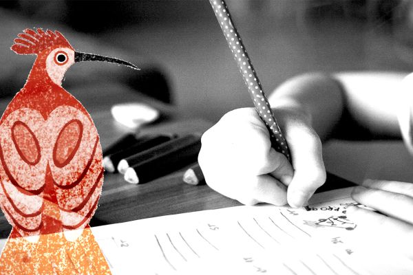 Decorative image of child writing with illustrated bird overlaid