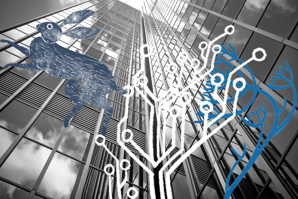 Decorative image of a building with illustrations of a hare and circuit connections