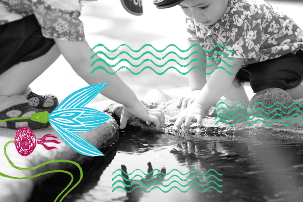 Decorative image of children playing with water with water and flower illustrations overlaid