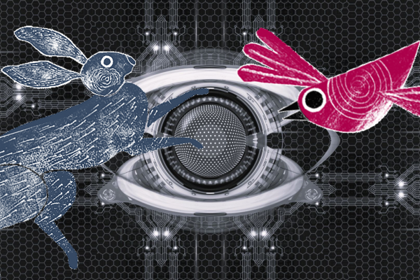 a hare and a bird with a robotic eye in the background