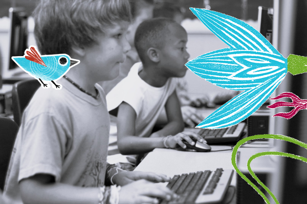 kid working at computer station. Bird perched on their shoulder. Flower on the foreground