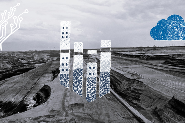 data network, city silhouette and cloud and desert on the background