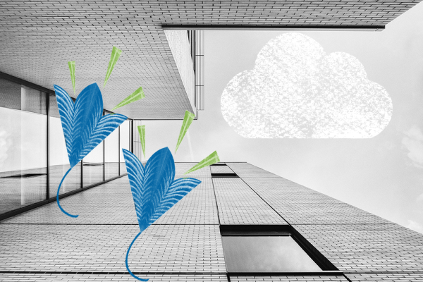 Decorative image of a building with flowers as a symbol of hope.