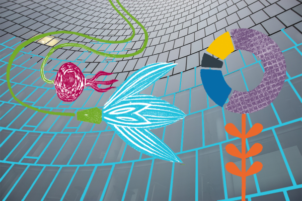 Image of a building with illustrations of flowers