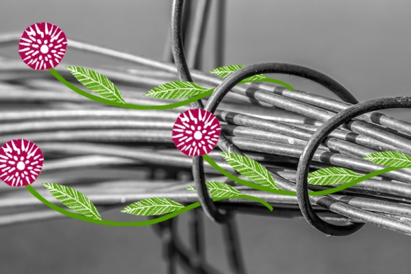 Decorative image of cable intertwined with illustrated flowers