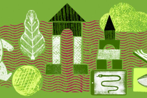 green banner with toys