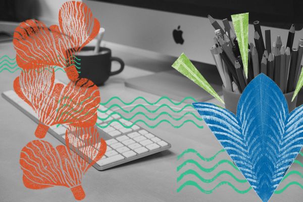 Decorative image combining a desk with keyboard and pencils and decorative illustrations of flowers