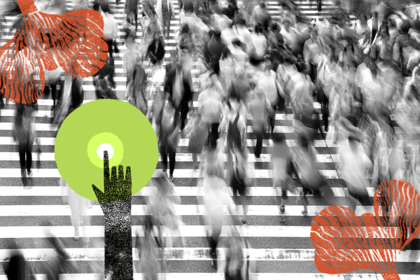 decorative black and white image of people crossing the road with colourful pointer