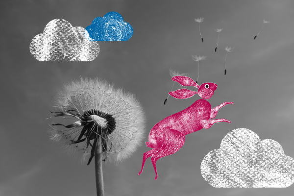 Decorative image of hare with dandelion seeds