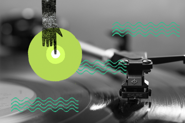 Decorative image of turntable overlaid with an illustrated image of a finger on a button