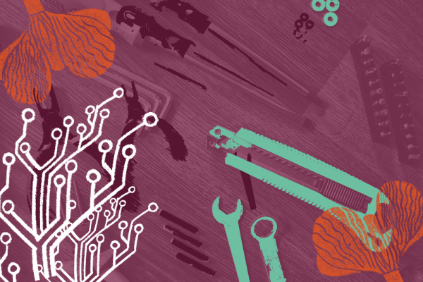 Decorative image of tools overlaid with flower illustrations