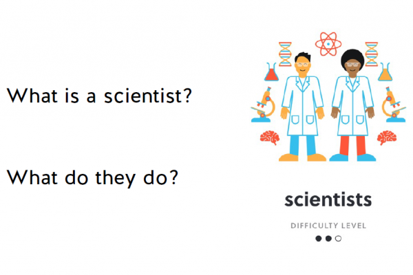 Example slide with a representation of scientists asking 'What is a scientist?'