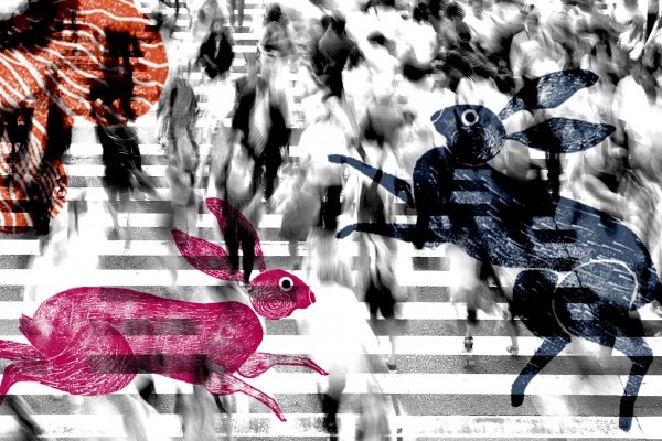 Decorative image of people in motion with animal graphics